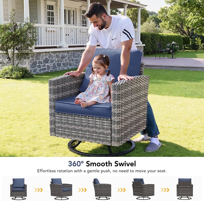 7 Pcs Outdoor Furniture with 44" Fire Pit Table, Rattan Patio Conversation Sets with Swivel Chair, Gas Fire Pit, Ottomans, Side Table, 4" Thick Cushion, for Backyard Garden Deck,Navy Blue