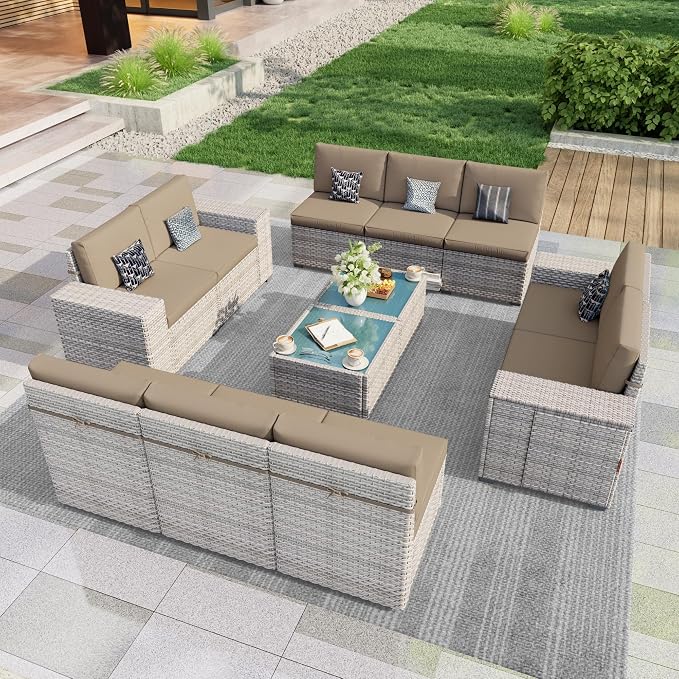 12 Pieces Patio Furniture Set, Outdoor Modular Sectional Couch Conversation Set with Wide Armrests, Wicker Seating Group Sofa with Coffee Table for Backyard Balcony Garden Deck (Khaki Cushions)