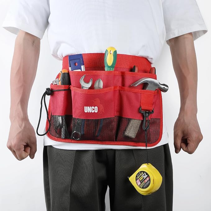 UNCO- Adjustable Gardening Belt, Red, 7 Pockets, Wear, Cut and Water Resistant, Garden Tool Belt Pouch, Waist Apron with Pockets