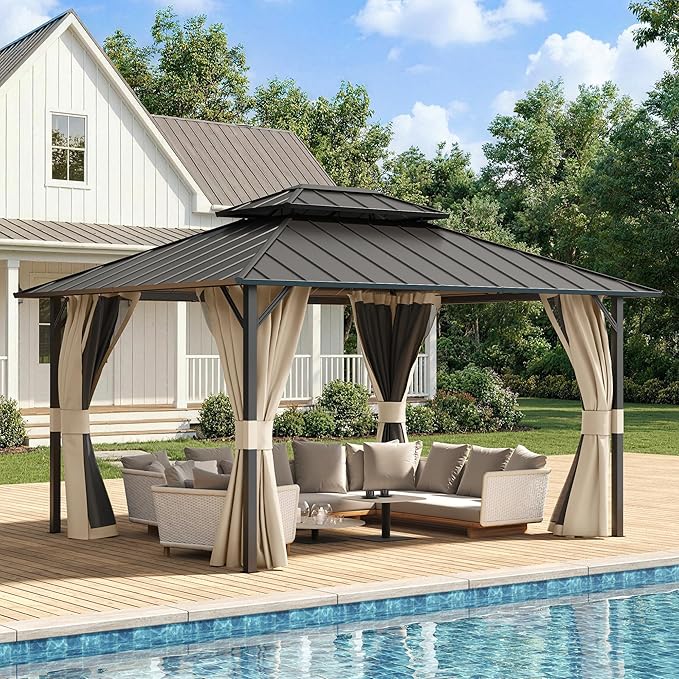 UDPATIO 12'x14' Hardtop Gazebo, Permanent Patio Pavilion with Breathable Netting and Privacy Curtain for Dining Party, Beige
