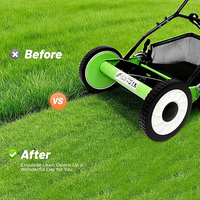 Manual Lawn Mower with Bag - 16'' 5-Blade Cordless Push Lawn Mowers, Adjustable Cutting/Handle Height Grass Cutter, Motorless Reel Mowers for Villa Courtyards, Park Greening, Gardens, Green