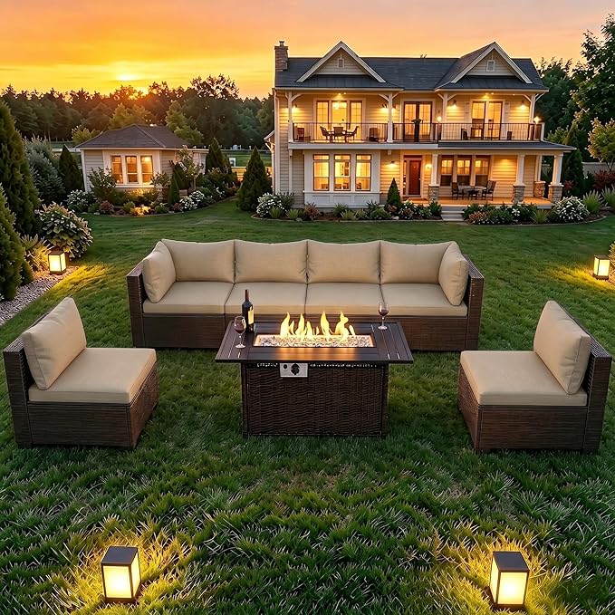 LAFWELL 8-Piece Wicker Patio Conversation Set with 44" Propane Fire Pit Table, Cozy Outdoor Sectional Sofa for Backyard Gatherings, Poolside Lounging & Garden Parties