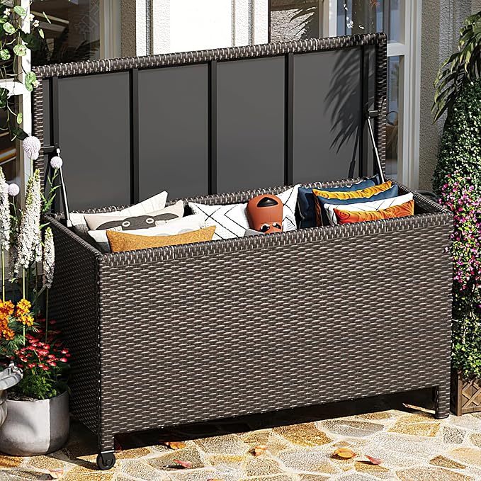 Wicker Deck Box, 185 Gallon All-Weather Outdoor Storage Box, Rattan Storage Bin for Patio Furniture, Outdoor Cushions, Pool Storage and Garden Tools, Brown