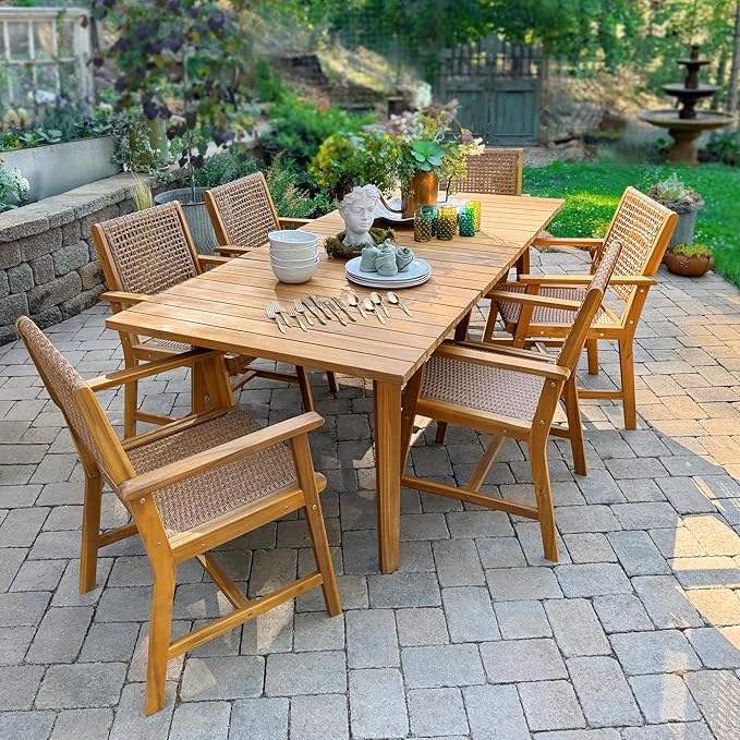 Sophia & William 7-Piece Patio Outdoor Dining Table Chair Set, Rattan Furniture Set of 6 Rattan Chairs and 1 Acacia Wood Rectangular Table for Yard, Garden, Porch and Poolside
