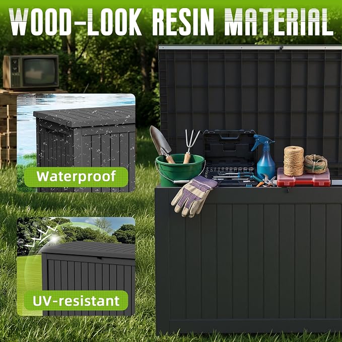 DRATO 280 Gallon Deck Boxes Outdoor Waterproof, Resin Large Lockable Storage Box, Outdoor Storage Bench for Patio Cushions Furniture, Garden Tools, Pool Accessories (Black, 280 Gallon)