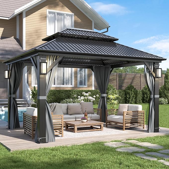 GARTOO 10'x12' Outdoor Hardtop Gazebo with Double Roof - Heavy-Duty Steel Top Aluminum Frame Gazebo with Solar LED Light, Breathable Netting & Privacy Curtain for Patio, Porch, Garden, Backyard