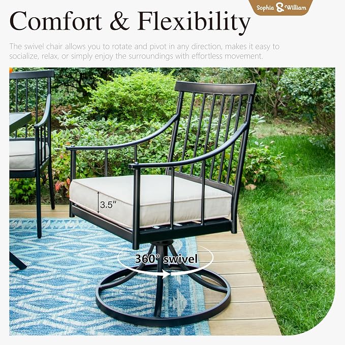 Sophia & William Swivel Rocker Chairs, Set of 6, 360° Swivel, Wrought Iron | Steel, Padded Cushions, E-Coated, All-Weather