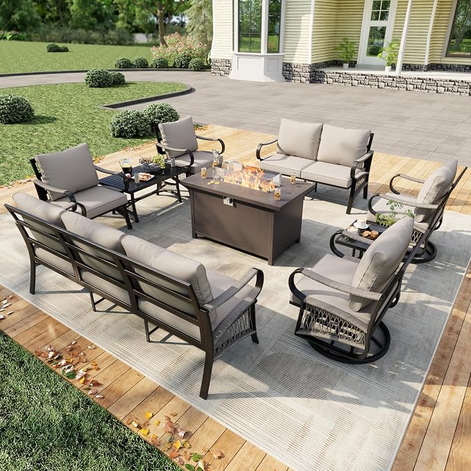 9 Pieces Outdoor Patio Conversation Sets, Outdoor Furniture Set Metal 3-Seater 2 Swivel Rockers with Side Table 2 Single Chairs 1 Loveseat with Coffee Table and Fire Pit Table, Beige