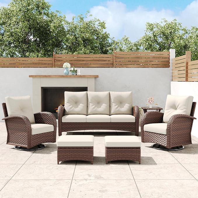 6 Pieces Outdoor Wicker Patio Swivel Rocking Chairs, All Weather Wicker Conversation Set with Side Table