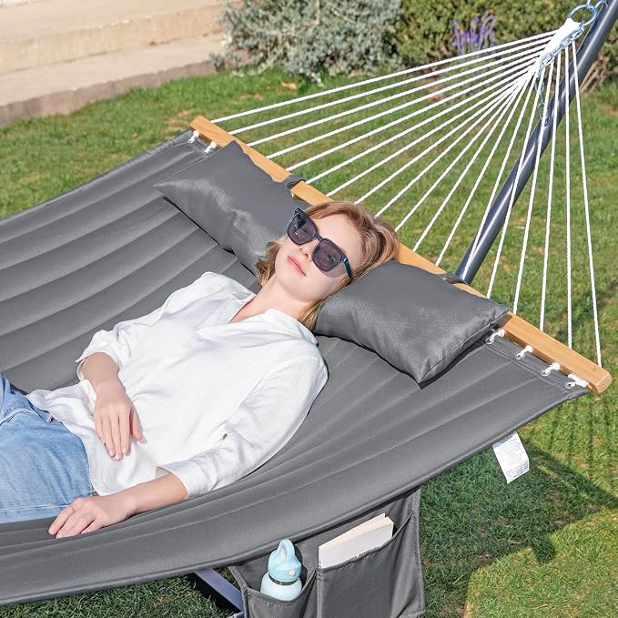 GAFETE 2 Person Hammock with Stand for Outside, Heavy Duty Steel Stand, 55inch Double Hammocks, Large Removable Pillow, Storage Bags, Max 475 lbs Capacity (Dark Grey)