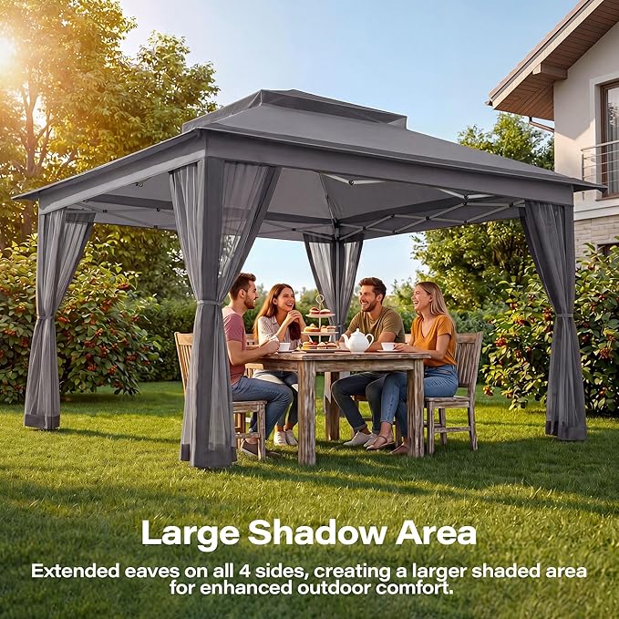 LAUSAINT HOME 12x12 Pop Up Gazebo Canopy Tent with Mosquito Netting, Instant One-Push Setup, Adjustable Height Outdoor Canopy Shelter with Carry Bag for Patio, Backyard, Camping, Parties & BBQs, Gray