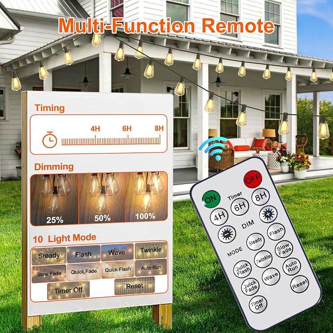 BLIATLUS 55FT Solar String Lights, Waterproof Outdoor with Remote 24+2 ST38 LED for Backyard Bistro Porch