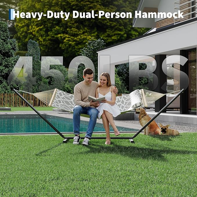 Double Hammock with Stand for Outdoor - Heavy Duty Portable 2 Person Hammock with Adjustable Steel Stand, 450 Lbs Capacity Free-Standing Fabric Hammock Bed with Spreader Bars, Pillow & Side Pocket