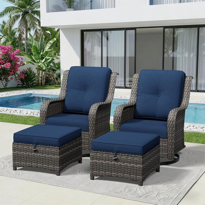 4 Piece Outdoor Wicker Patio Furniture Set, Outdoor Swivel Rocker Patio Chairs Set with Thickened Olefin Cushions, High Back and Deep Seating, Hand-Woven PE Rattan, Ottoman for Porch, Deck