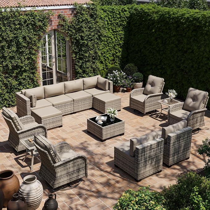 15-Piece Outdoor Patio Furniture Set with Rocking Swivel Chair, Wicker Rattan Sectional Sofa Conversation Set with Tempered Glass Table, with Ottomans Backyard Furniture, Beige