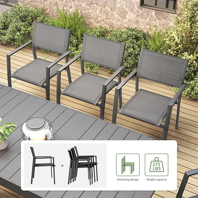 Outdoor Dining Set, 9 Piece Expandable Patio Dining Table and Textilene Chairs Set, Aluminum Patio Furniture Set for Table with Umbrella Hole and 8 Chairs for Patio, Garden, Lawn(Black)