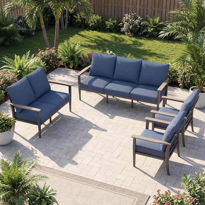 Aluminum Outdoor Patio Furniture Set 7-Seat, Patio Conversation Set Sectional Furniture Set with High Backrest & Thickened Cushions for Garden, Backyard, Poolside, Navy Blue