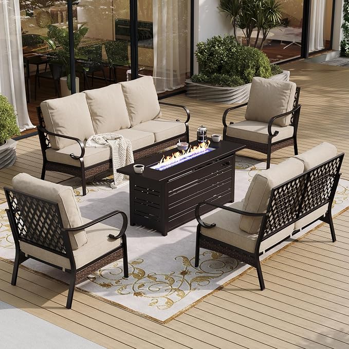 SUNSHINE VALLEY 5 Piece Metal Outdoor Patio Furniture Sets with Firepit Table, Patio Conversation Sets 1 3-Seater Sofa, 1 2-Seater Loveseat, 2 Single Sofa with 5.75" Cushion for Backyard Deck, Beige