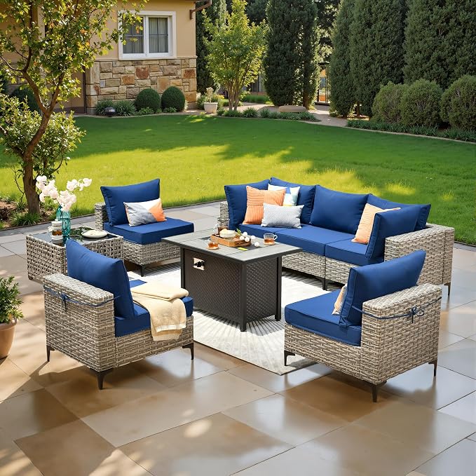 8 Pcs Patio Furniture with Fire Pit Table, Outdoor Rattan Wicker Conversation Set with Glowing Coffee Table, Comfy Sectional Sofa for Porch Balcony Backyard Pool, Blue