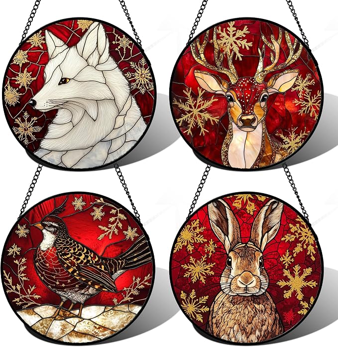 DASTOLL Stained Glass Window Hanging 4 Pcs Set Red Golden Snowflakes 9.8" - Christmas Elk Rabbit Suncatcher Door Garden Sun Catcher Decor Birthday for Mom Woman Nana Men