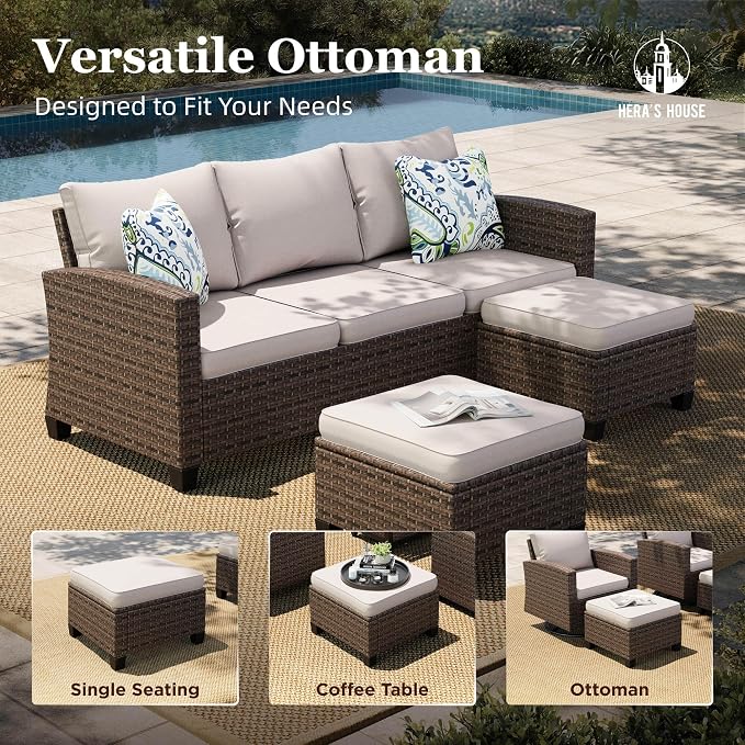 HERA'S HOUSE 8 Pieces Wicker Patio Furniture Set with Fire Pit Table, 4 x Single Chair, 2 x Ottoman, 3-Seat Sofa and 32" Fire Pit Table, Outdoor Rattan Conversation Set for Garden, Poolside, Backyard