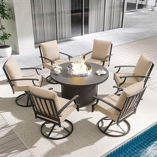 Kullavik 7 Piece Metal Outdoor Patio Furniture Set with Fire Pit Table,Outdoor Dining Table Set with 6 Swivel Chairs and 55000 BTU Outdoor Round Fire Pit,Sand