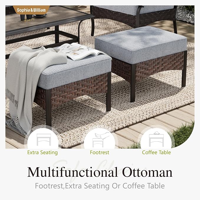 Sophia & William Patio Furniture Set with 56" Fire Pit Table, Metal Outdoor Conversation Set Patio Sectional with 3-Seater Sofas, 2 Rocking Chairs, 2 Ottomans, 1 Firepit Table for Porch Deck, Grey