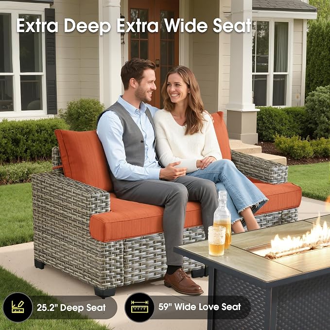 Wicker Patio Furniture Set with Fire Pit Table,9 Pieces Outdoor Sectional with Swivel Chairs Ottoman,Out Door Furniture Conversation Set,Orange Red
