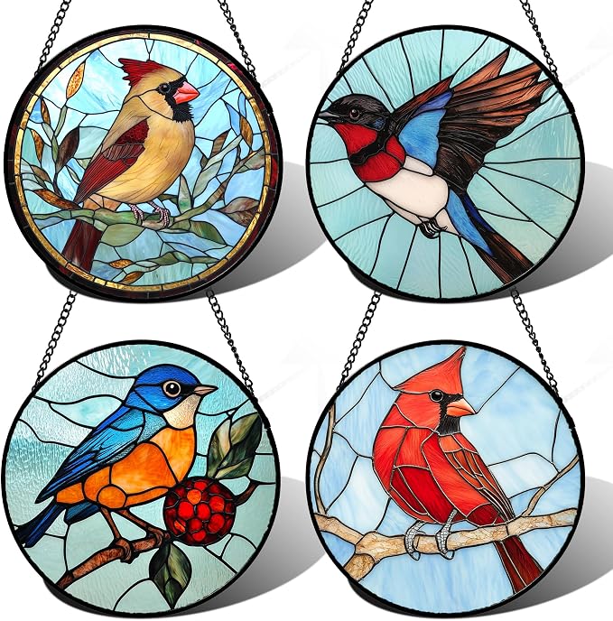 Stained Glass Window Hanging 4 Pcs Set Cardinal Blue Birds 6.3" - Suncatcher Door Garden Sun Catcher Decor Birthday Mother's Day for Bird Lovers Men Woman Nana Friend
