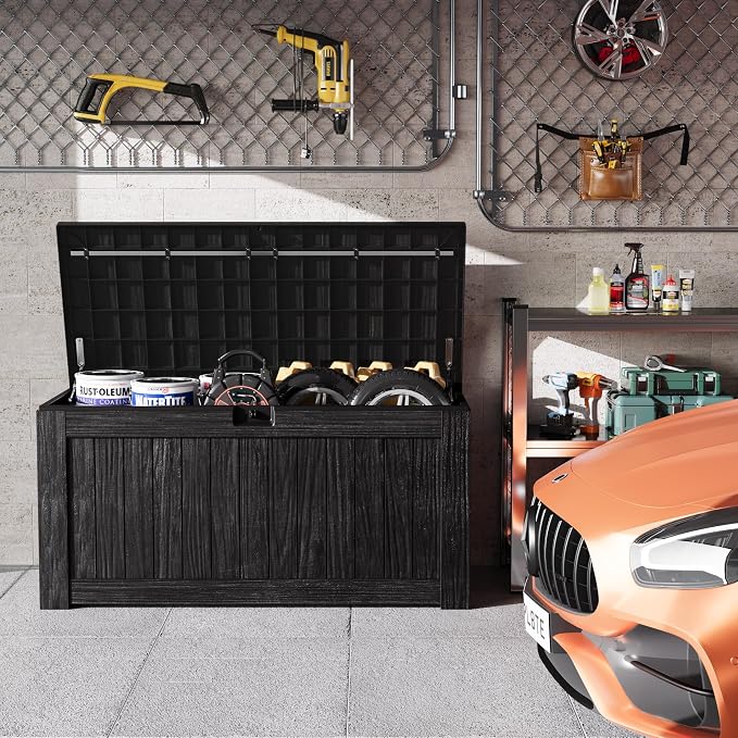 Greesum Outdoor Storage Box 120 Gallon Storage Bin with Lid for Patio Furniture, Garden Tools, Pool Supplies, Lockable, Waterproof and UV Resistant, Black