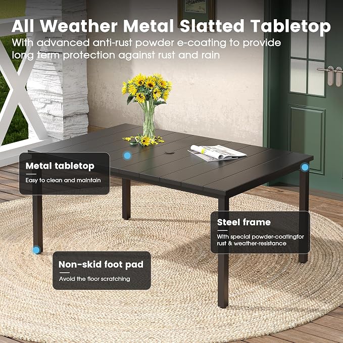 DIFY 7 Pieces Outdoor Patio Dining Set for 6, 63" Black Rectangle Metal Dining Table and 6 Brown Stackable Sling Dining Chairs, Outdoor Table and Chairs for Lawn Garden Backyard Deck
