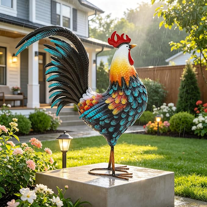 32" Majestic Metal Rooster Yard Decor, Large Outdoor Garden Statue | Outdoor Chicken Sculpture, 3D Hand-Painted, Rustic Farmhouse Style, Weather-Resistant Iron, Backyard Patio Lawn Garden