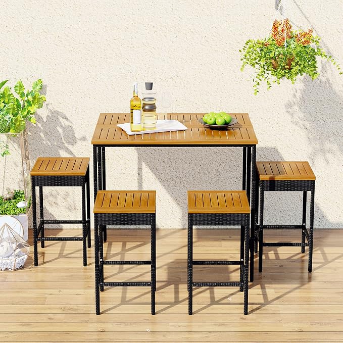 5-Piece Outdoor Patio Wicker Bar Set,PE Rattan Wicker High-Dining Bistro Set with 4 Square Stools and 1 Acacia Wood Table with Foldable Tabletop