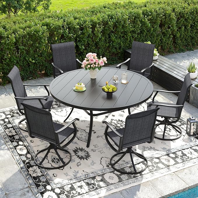DIFY Outdoor Dining Set for 6, 7 Piece Patio Table and Chairs Set, Swivel Patio Dining Chairs with Dark Grey Textilene & 50" Black Round Metal Dining Table with Umbrella Hole, for Garden Backyard Deck