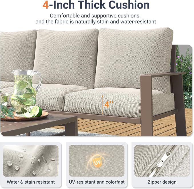 UDPATIO Aluminum Outdoor Patio Furniture Set 7-Seat Metal Patio Conversation Sets with Coffee Table and Water-Resistant Cushions, Modern Patio Sectional Sofa for Porch, Deck, Backyard, Poolside
