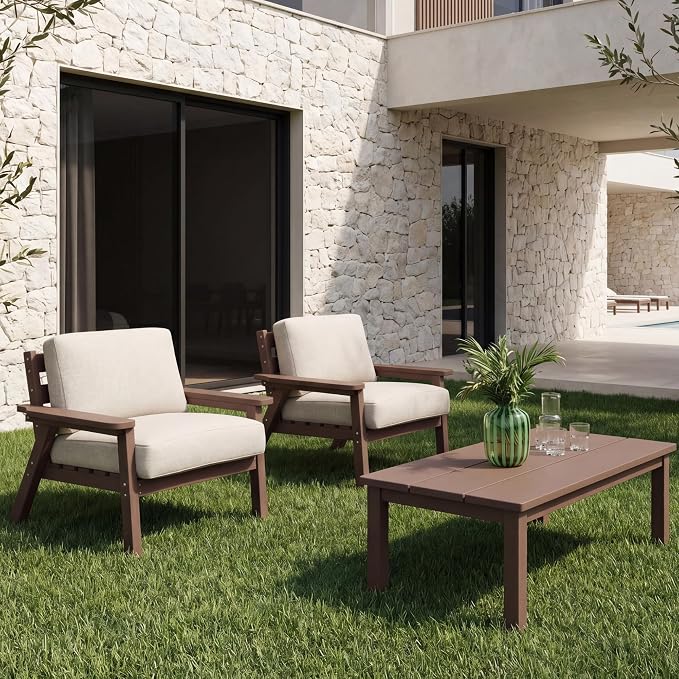 AreShark 3-Piece HDPE Patio Conversation Set, All Weather Outdoor Couch Set with Thick Cushions, Outdoor Sectional Outdoor Sofa Set for Lawn, Deck, Backyard, Brown & Beige