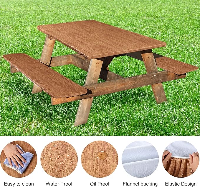 BBTO Vinyl Picnic Table and Bench Set 72" x 30" Waterproof Elastic Table Cover Flannel Backed Rectangular Fitted Cover