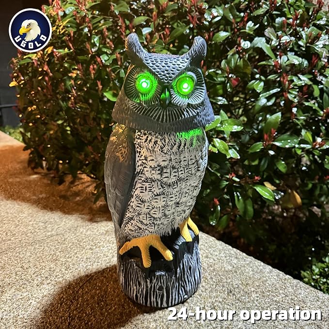Solar Powered Garden Owl with Motion Detection, Rotating Head, Realistic Hoots and Silent Mode, Outdoor Statue and Sculpture, Owl Decoration for Home, Garden, Patio and Lawn