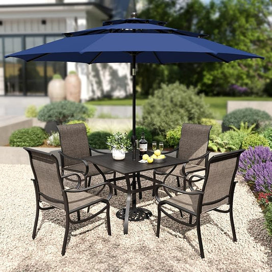 PHI VILLA 6 Pcs Patio Dining Set with 10ft Umbrella for 4, Mesh Chairs | 37" square metal table, 4 high-back textilene chairs, 10ft blue umbrella for outdoor, deck, lawn. Rust-resistant, easy-clean