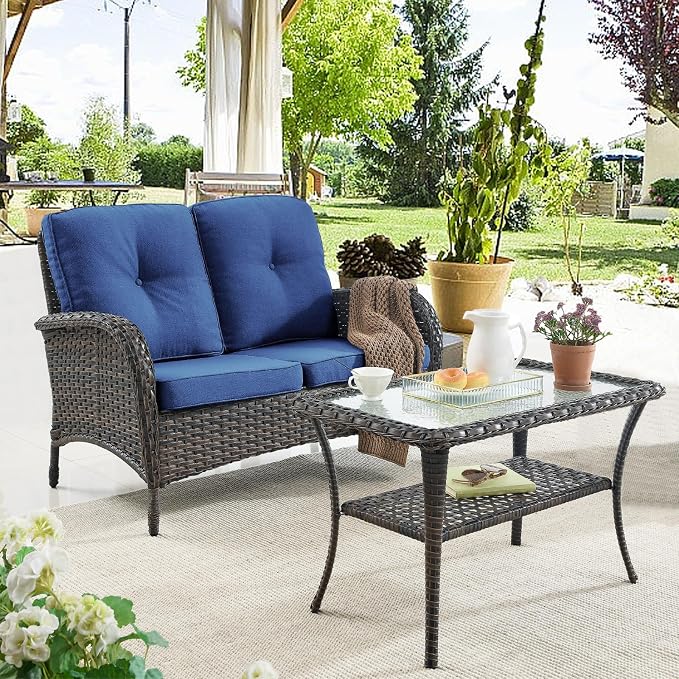 Belord Patio Wicker Furniture with Rocking Chairs Loveseat, 5 Piece Rattan Furniture Outdoor Table and Rocking Chairs Set for Patio Deck Porch Backyard Brwon/Blue
