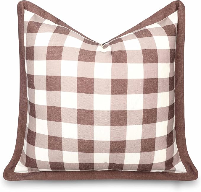 Modern Farmhouse California Casual Indoor Outdoor Throw Pillow Cover, 22"x22" Water Repellent for Patio, Backyard, Couch, Poolside, Cocoa Brown Print Gingham