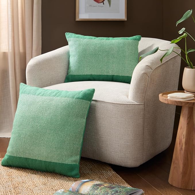 TOWN & COUNTRY TERRA Alara Solid Border Handcrafted Indoor Outdoor Decorative Pillow, 100% Recycled Materials, UV Fade Resistant, Water Repellent, Green/Ivory, 14"x20"