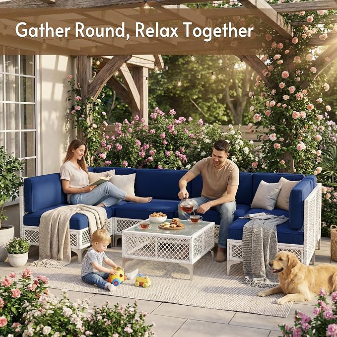 7-Pcs Outdoor Sofa with Thick Cushion, Lightweight Patio Sectional with Effortless Assembly, Space-Saving Outdoor Furniture Set & Easy-Clean Open Weave Wicker for Backyard, Garden (Navy Blue)
