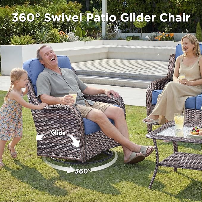 Luxury 6 Pieces Outdoor Patio Furniture Set-All Weather Wicker Outdoor Furniture with Swivel Rocker Patio Chairs 6-inch Extra Thick Cushions Wicker Conversation Set for Garden Porch(Brown/Blue)