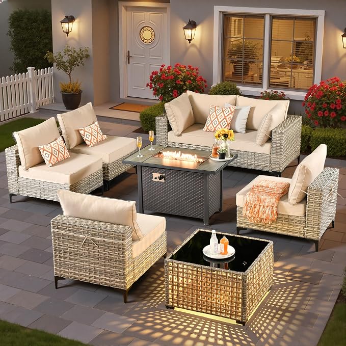 8 Pieces Patio Sectional Furniture Set, Outdoor Wicker Sectional Couch with Firepit Solar Lights Table, Modern Conversation Set for Porch Balcony Backyard, Beige