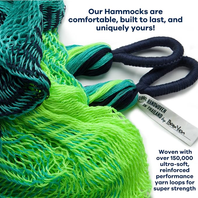 Handwoven Hammock by Yellow Leaf Hammocks - Family Size, Fits 2+ PPL, 550lb max - Weathersafe, Super Strong, Easy to Hang, Ultra Soft, Artisan Made - Color: Neon - Blue - Turquoise