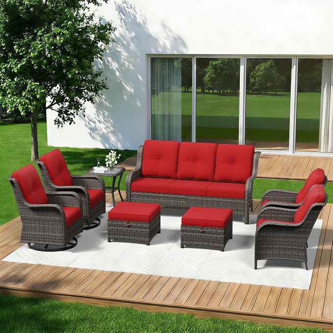 8 Piece Outdoor Wicker Patio Furniture Set, Patio Chairs Set with Thickened Olefin Cushions, High Back and Deep Seating, Hand-Woven PE Rattan, Ottoman for Porch, Deck