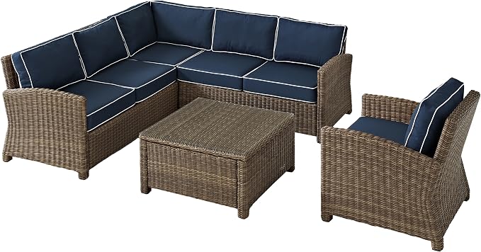Crosley Furniture Bradenton 5-Piece Outdoor Sectional Sofa Wicker Conversation Patio Furniture Set for Deck, Brown with Navy Cushions