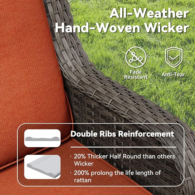 4 Piece Outdoor Wicker Patio Furniture Set, Patio Chairs Set of 4 with Thickened Olefin Cushions, High Back and Deep Seating, Hand-Woven PE Rattan for Porch, Deck, Orange
