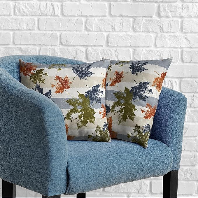 Thanksgiving Fall Maple Leaves Pillow Covers 22x22 Pack of 2 Autumn Throw Pillow Covers Modern Cotton Linen Square Pillow Case Blue White Stripes Pillowcase for Living Room Sofa Outdoor